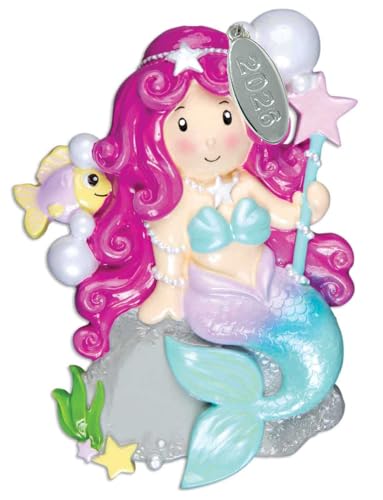 Pink Mermaid Ornament with Star Wand & Fish - Personalizable Christmas Decor - Mermaid Variation