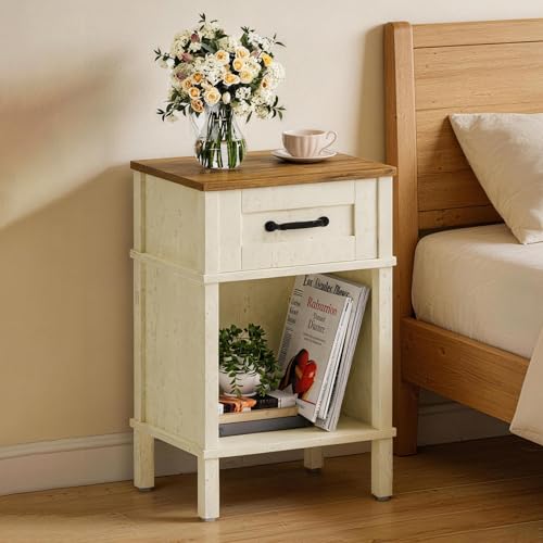 White Farmhouse Nightstand with Drawer - Rustic Small Bedside Table - White & Rustic Brown