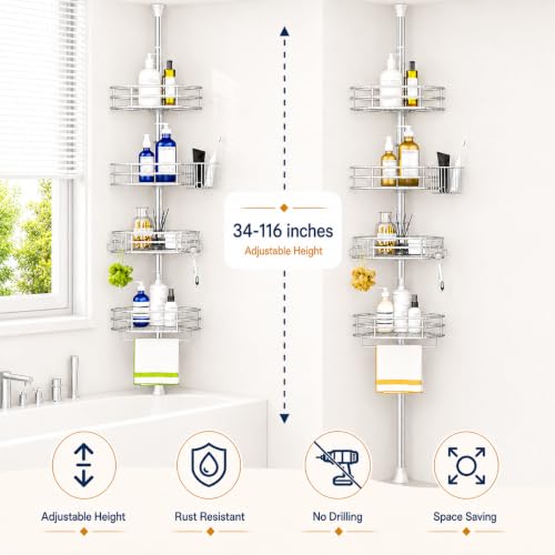 SEIRIONE Rustproof Corner Shower Caddy Tension Pole for Bathroom