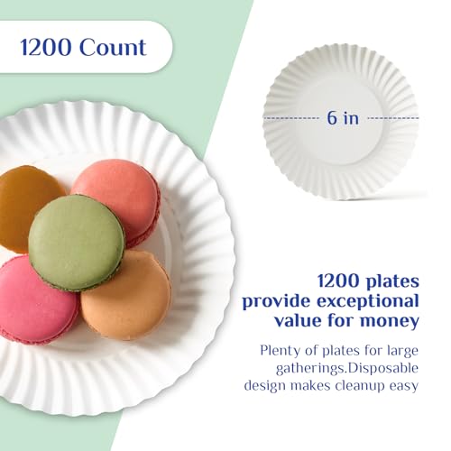1200 Pack 6-Inch Disposable Paper Plates - White, Uncoated Bulk, Shell Design
