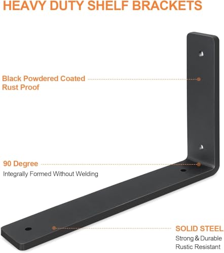 Heavy Duty 10 Inch Shelf Brackets - Black 6 Pack Wall Mounting Supports with Hardware