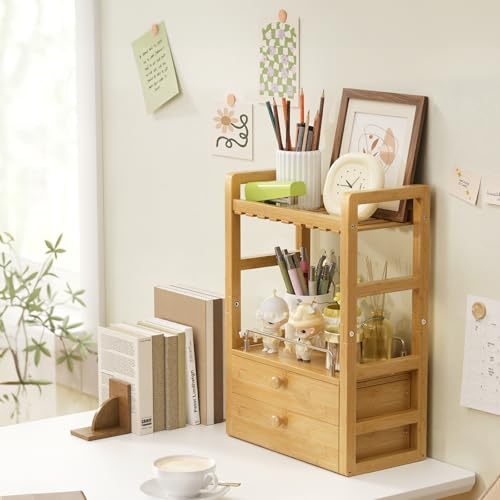 AmazerBath Natural Bamboo 2-Tier Counter Organizer with Drawers, Vanity & Makeup Storage