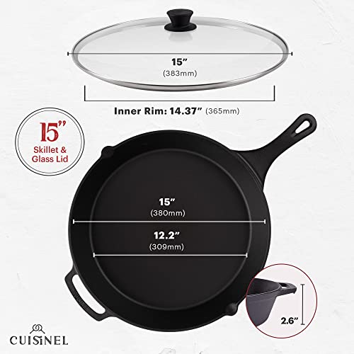 Cuisinel 15-Inch Cast Iron Skillet with Glass Lid & Handle Cover - Pre-Seasoned Oven-Safe Cooking Pan for Indoor & Outdoor Use