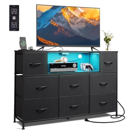 WLIVE LED Black Dresser TV Stand for 55 Inch TV, 8 Drawers