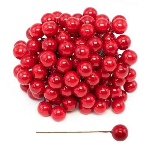Quacc 100pcs Red Artificial Holly Berries Lovely 0.4" Fake Berries on Wire Realistic for Christmas Tree Garland Flower Wreath Decorations Wreath DIY Craft Use