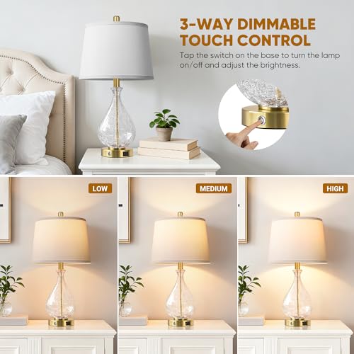 Gold & Clear Crackle Glass Bedside Lamps Set of 2 - Modern Touch Dimmable Nightstand Lights with USB Ports
