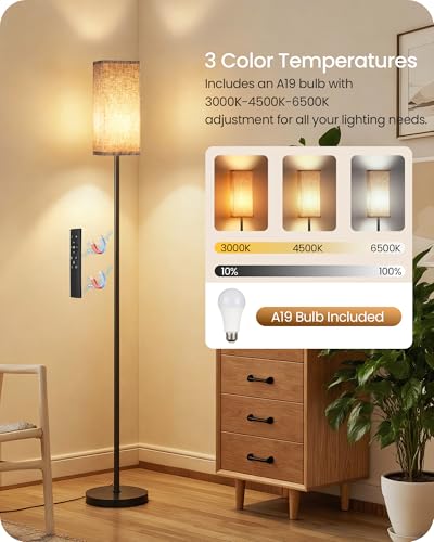 Dimmable Floor Lamp with Remote & Foot Switch - Black & Beige, 64.2 Inch Modern Corner Standing Lamp with 10W Bulb