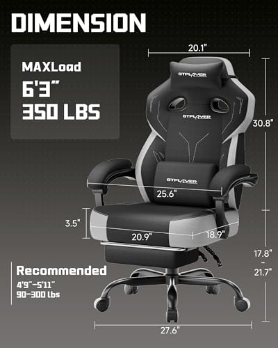 GTPLAYER Big & Tall Gaming Chair Black with Footrest - Wide Seat, Recline 90-125°, Heavy-Duty Support