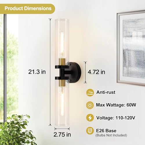 Black and Gold Wall Sconces Set of 2 - 22-Inch Hardwired Bathroom & Living Room Lighting - Variation of Black and Gold / Hardwired-22 Inch-2PC