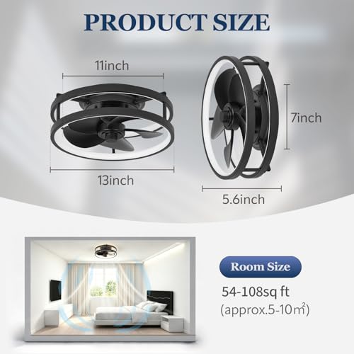 Zoruny 13" Small Low Profile Ceiling Fan with Light & Remote - Black