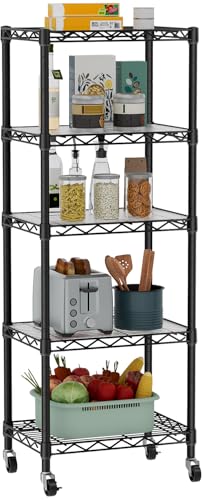 Small Adjustable Wire Shelving Unit with Wheels - 5-Tier Black Storage Rack