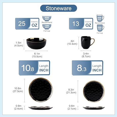 LOVECASA Black and Gold 16-Piece Dinnerware Set for 4 - Plates, Bowls, Mugs