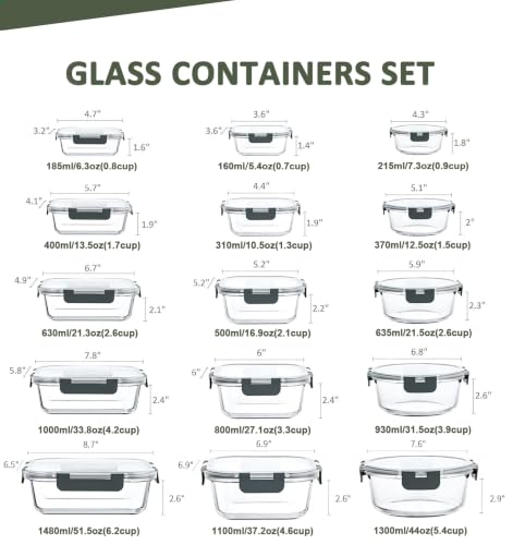 Gray 15-Pack Glass Food Storage Containers Set with Lids - KOMUEE