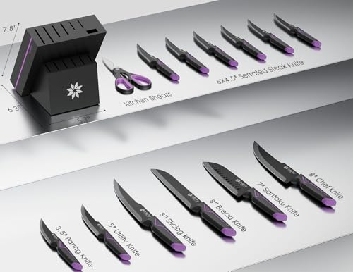 ASETY Elegant Purple 15-Piece Kitchen Knife Set with Built-in Sharpener Block
