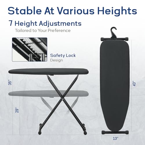 RAINHOL Black Full Size Ironing Board 43 x 13 with Iron Rest, Adjustable Height