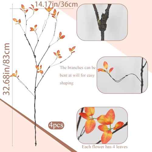 4 Pcs Artificial Greenery Stems with Orange Leaves Faux Fall Branches for Vases 32.7" Fake Ficus Twigs and Branches for Vase Filler Home Party Wedding Garden Office Shop Autumn Decorations
