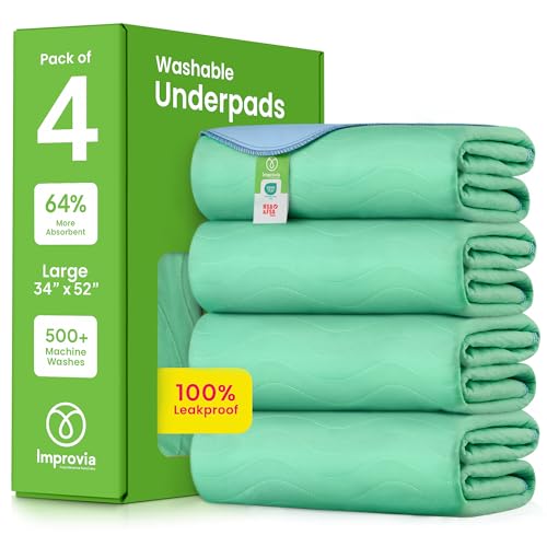 IMPROVIA Washable Underpads Reusable Bed & Incontinence Pads - Green 34x52 Pack of 4