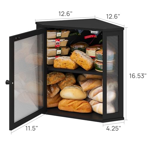 Black Extra Large Corner Bread Box with Bamboo Wood & Acrylic Wavy Door