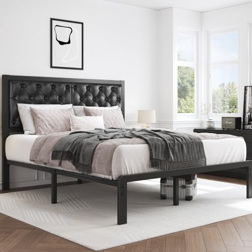 HISOFT Queen Bed Frame with Upholstered Button Tufted Headboard - Black, Platform Support, Under Bed Storage, Noise-Free, Easy Assembly