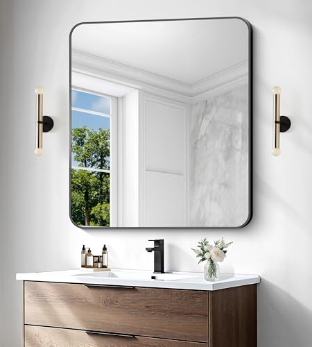 BONEWEI 36x40 Inch Black Rounded Rectangle Wall Mirror - Vanity, Bathroom & Living Room Decor