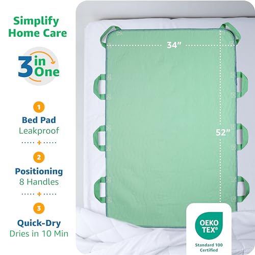 Improvia Bed Positioning Pad with Handles - 34x52 Inch Reusable Waterproof Bed Pad, Green, Pack of 2
