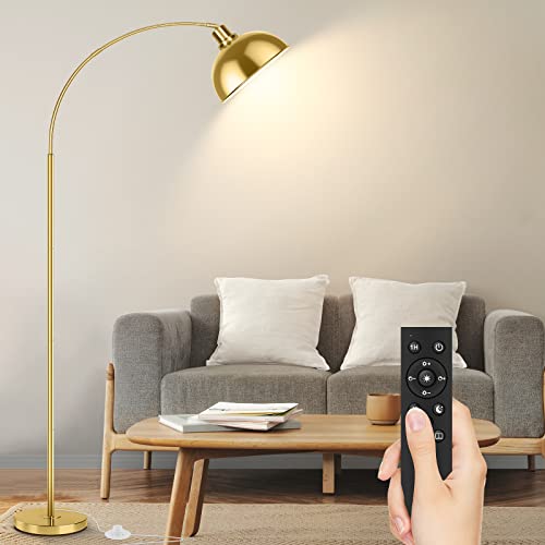 Gold Arc Floor Lamp for Living Room & Bedroom - Dimmable Over Couch Reading Lamp with Remote Control