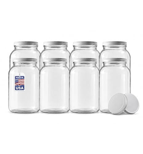 8 Pack 1-Gallon Wide Mouth Mason Jars with White Airtight Lids - Heavy-Duty Glass