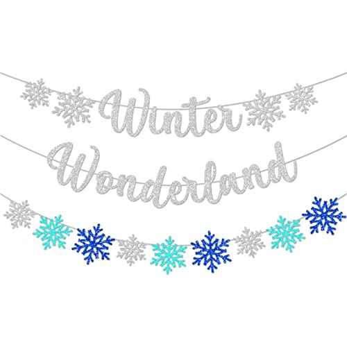 3Pcs Winter Wonderland Banners, Glittery Snowflake Banner Christmas Decorations Banners Winter Holiday Garland Photo Props Banner for Party Home Decor (Silver Blue)