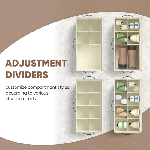 OIAHOMY 4 Pack Beige Foldable Shoe Organizer with Adjustable Dividers, Stackable Shoe Storage Bins for Closet, Fits Up to 32 Pairs