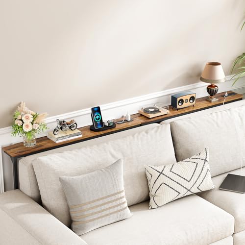 Kitstorack Rustic Brown Narrow Console Table Behind Sofa with Adjustable Height & Power Outlets - 5.9"D x 39.4"L