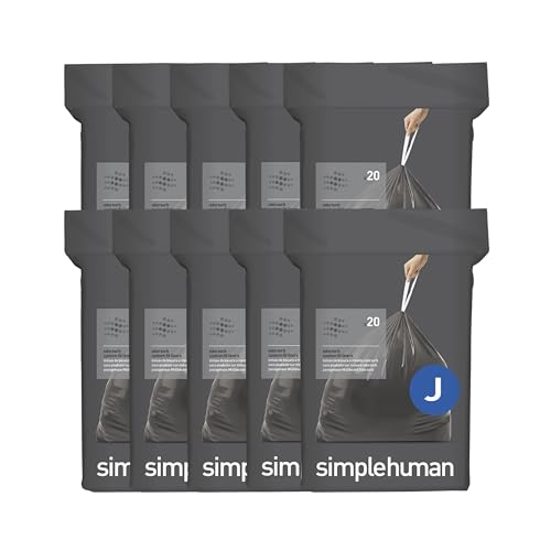 simplehuman Code J Odorsorb® Custom Fit Trash Liners 200 Count - 38-45L, Extra Thick, Drawstring, PCR Plastic, Mess-Free Dispense