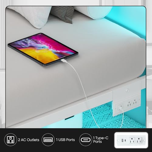 Twin Bed Frame with Headboard & Footboard - Off White, RGB LED Lights, USB Charging, Under Bed Storage - Twin Size Gohapnis