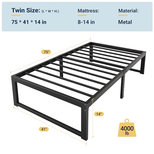 Twin Metal Bed Frame - Heavy Duty Support 4000LBS, Black, 14 Inch