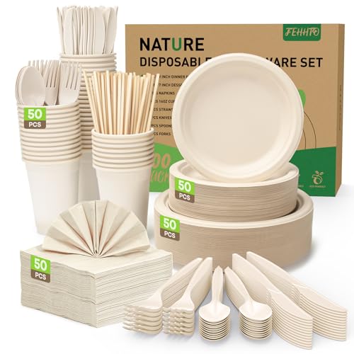 Disposable Paper Plate Set - Compostable Eco-Friendly Dinnerware for Parties & Camping - Brown, 400PCS