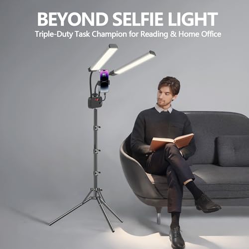 Selfie Light with 75'' Tripod Stand, Dimmable 3 Color LED Dual Arms