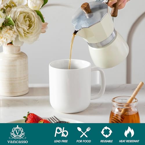 Vancasso 16 oz Porcelain Coffee Mug Set - White, Microwave & Dishwasher Safe, Set of 6