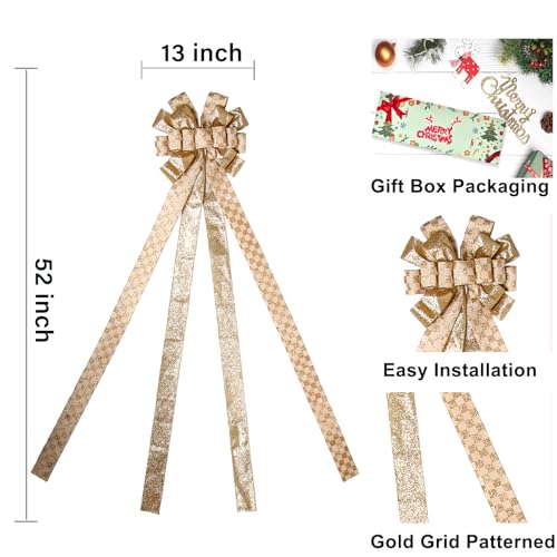 Gold Christmas Tree Topper Bow 52x13 Inches with Glitter Streamer & Ribbon