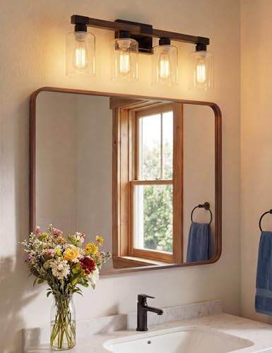 Wood Finish 4-Light Farmhouse Bathroom Vanity Light Fixture - UL Certificated