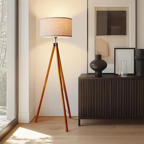 Tall Tripod Floor Lamp with Dimmable LED, Solid Wood Legs for Living Room & Bedroom