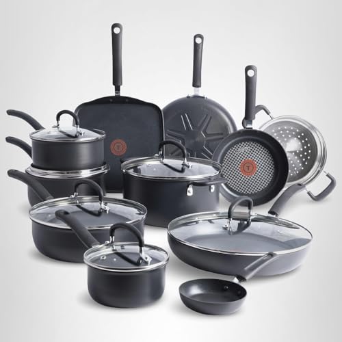 T-Fal Ultimate Hard Anodized Nonstick Pots and Pans Set 17 Piece, Nonstick Cookware Set with Fry Pan, Saucepans, Saute-Pan, Griddle, Dishwasher Safe, Onyx
