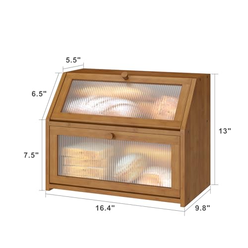 Large Brown Bamboo Double Layer Bread Box for Kitchen Counter - Vriccc