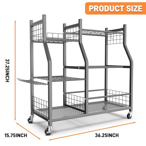 TORACK Garden Tool Organizer with Wheels & Extra Shelves – Rakes & Shovels Storage Stand