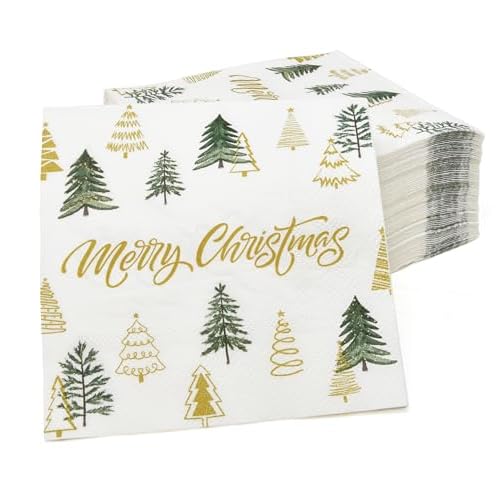 Gift Boutique - 100 Merry Christmas Tree Cocktail Beverage Napkins Disposable Paper Decorative Elegant Xmas Green & Gold Trees Dessert, Napkin for Winter Holiday, Party Supplies Tableware Decoration