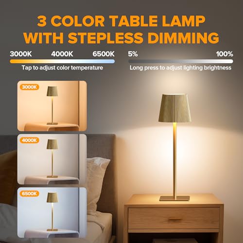 Cordless Table Lamp with 6000mAh Battery, Adjustable Heights & Dimmable Light - Gold