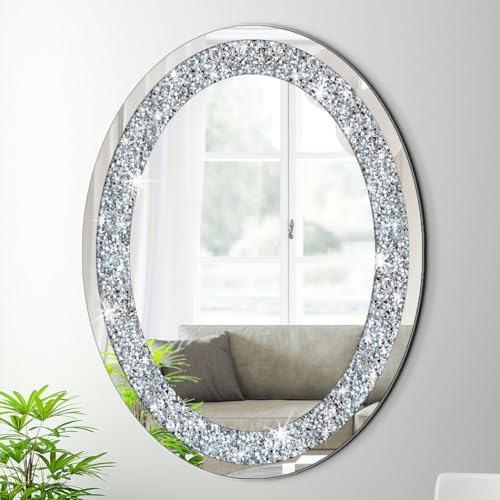 Oval Silver Mirror with Crushed Diamond Bling Wall Decor 32"L x 24"W - Frameless Glam Mirror