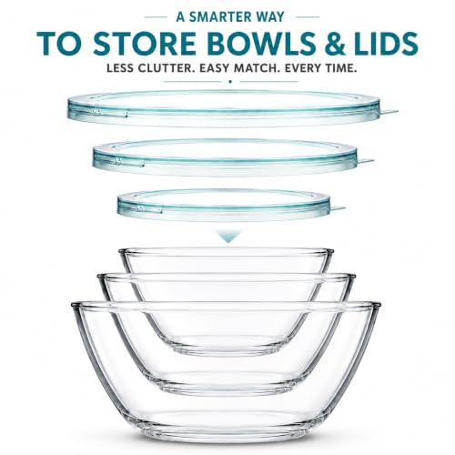 Clear Blue Glass Mixing Bowls with Lids Set - 3-Piece Kitchen Food Prep & Storage