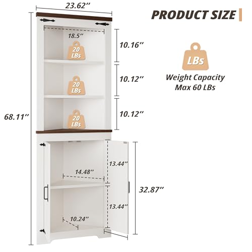 White & Brown Corner Storage Cabinet with Doors and Shelves - Tall 68''