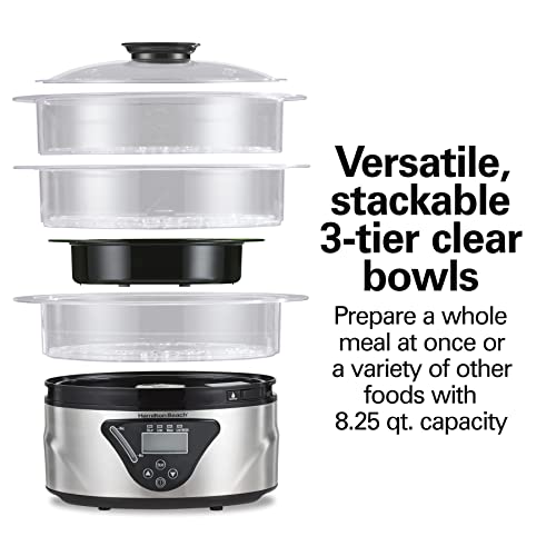 Hamilton Beach 8.25 Qt Black Stainless Steel Digital Food Steamer with 3-Tier Bowls