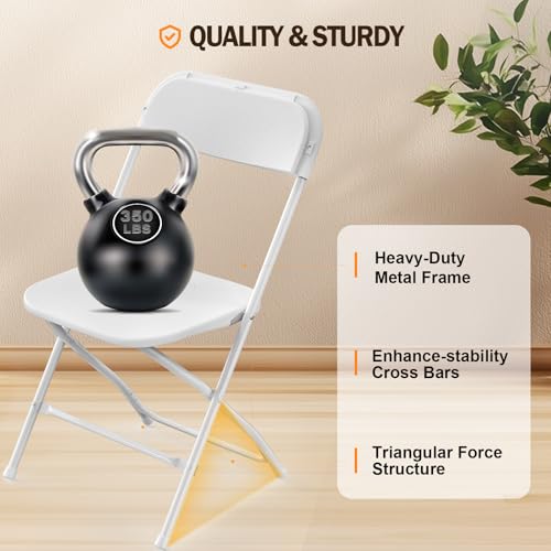 Bonnlo Folding Chairs Set of 6 - White Plastic Seat with Metal Frame, Perfect for Parties & Events