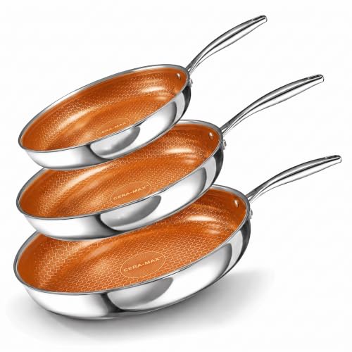 CERAMAX Copper Hybrid Stainless Steel Non-Stick Frying Pan Set, 3-Piece